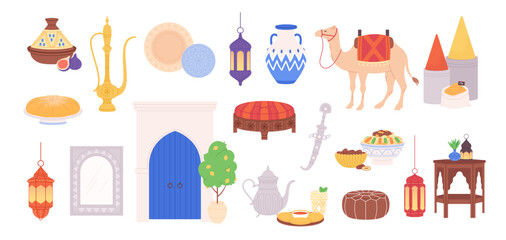 Moroccan elements. Arabian accessories, crockery, pots and lights. Decorative east lamps, ornamental plates, furniture and camel, racy vector set