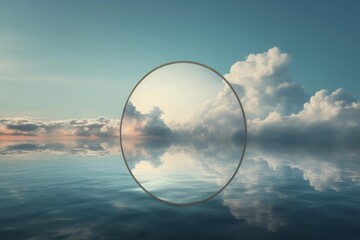 Round mirror standing on the surface of the water