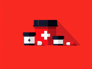 This illustration showcases various over-the-counter medications and a first aid symbol, emphasizing health and the importance of medicine in daily life