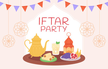 Iftar party dinner. Month of prayer, celebration holy festive. Arabic food and drink in different beautiful traditional crockery and jug. Racy vector background