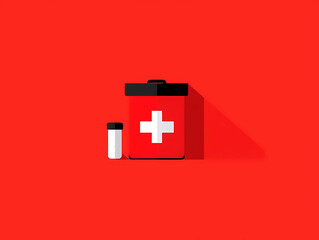 A modern flat design illustration featuring a first aid kit and pills representing health and emergency medical care on a red background