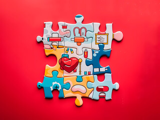 Medical and health-related icons come together to form a puzzle in this illustration, representing the complexity and integration of medicine in healthcare systems