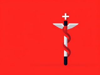 This striking illustration features the caduceus, a traditional medical symbol, in a modern flat design on a powerful red background