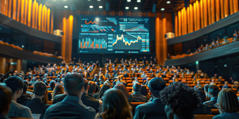 An audience attentively observes fluctuating stock market data on a large screen in a modern auditorium setting. - obrazy, fototapety, plakaty