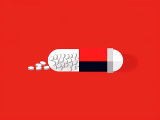 Medicine capsule illustration with spilling white pills on red backdrop, depicting healthcare, pharmaceuticals, and medication