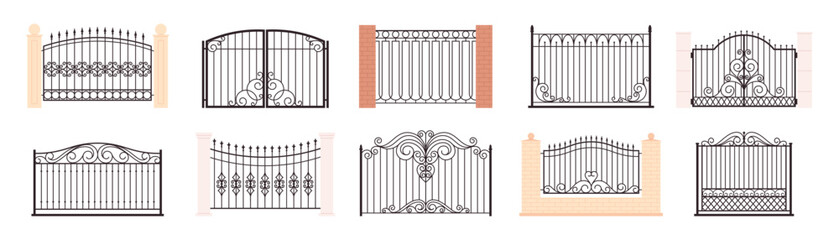 Metal fences and gates. Isolated vintage fence elements with bricks stands. Outdoor architectural elements, decorative ornamental racy vector design