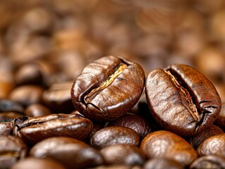 Macro image of a coffee bean in roasted coffee grounds. Banner, packaging, background