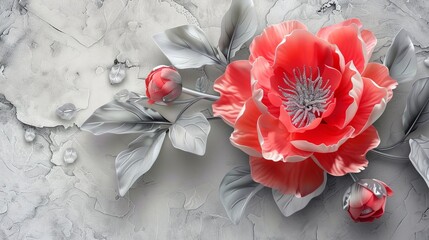 3d wallpaper, red peony flower with silver leaves on grey background - obrazy, fototapety, plakaty