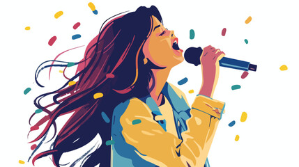 Girl singing microphone singer karaoke concept Flat vector - obrazy, fototapety, plakaty