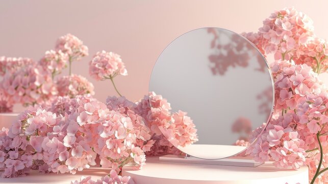 Angular mirror podium backdrop on hydrangea flower background. 3D rendering.
