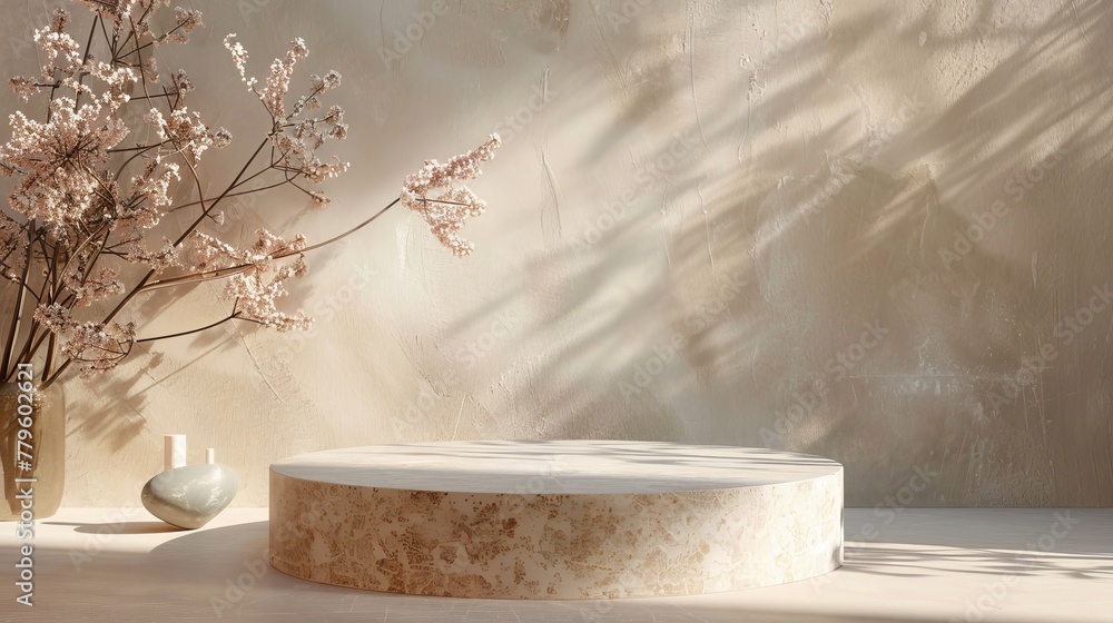 Poster decorative podium backdrop with stone texture for cosmetic product display. 3d rendering.