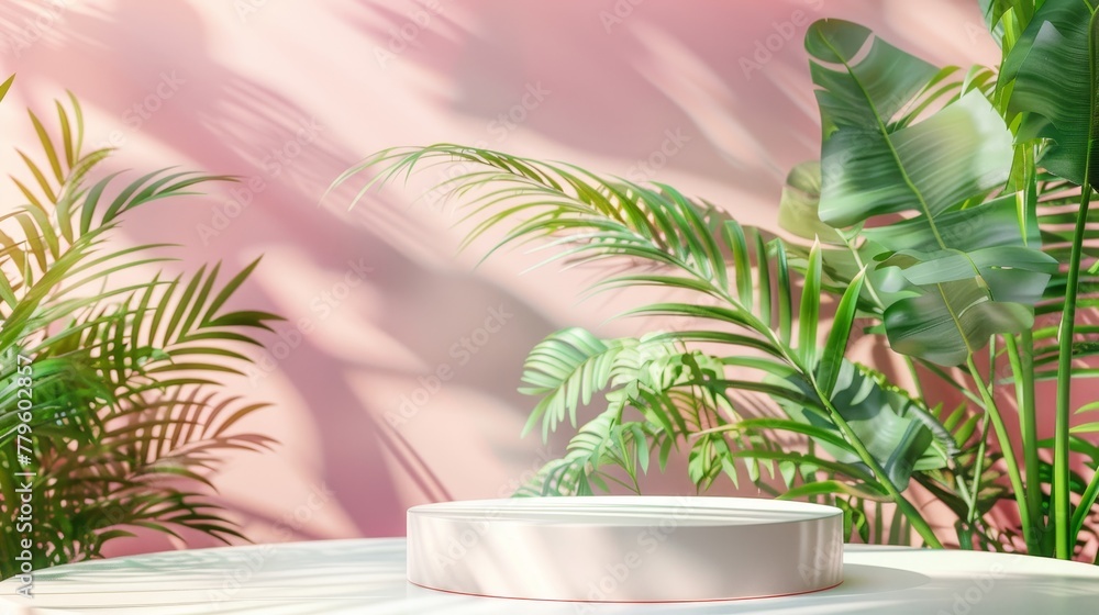 Poster 3d rendering of a tropical palm leaves backdrop for a beauty podium.