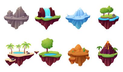 Floating islands. Cartoon game design objects with rocks, waterfall, desert, iceberg and volcano. Arcade games nature elements, nowaday vector set