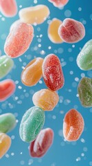 Multiple colorful gummy bears floating in mid-air against a clear background