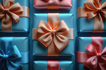 A close up of many blue and orange wrapped gifts with yellow bows on top of each other, creating an abstract pattern. Created with Ai - obrazy, fototapety, plakaty