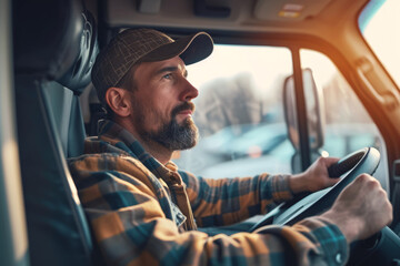 Portrait of a truck driver wearing a baseball cap while driving, transport and forwarding theme
