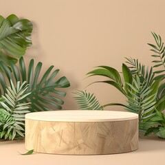 Tropical Elegance: Natural Wood Plinth for Product Showcase