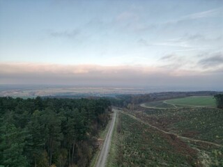 High-angle shot of a road between a green forest and a field under the cloudy blue sky
