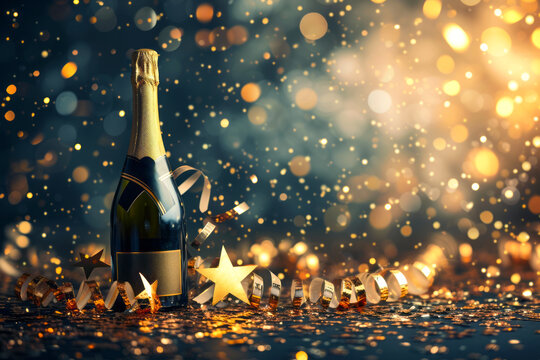 Champagne bottle on birthday background with confetti and blurred lights with space for text or inscriptions
