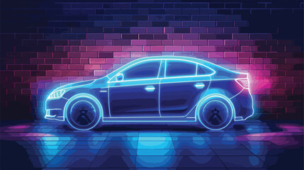 Glowing neon Hatchback car icon isolated on brick wal