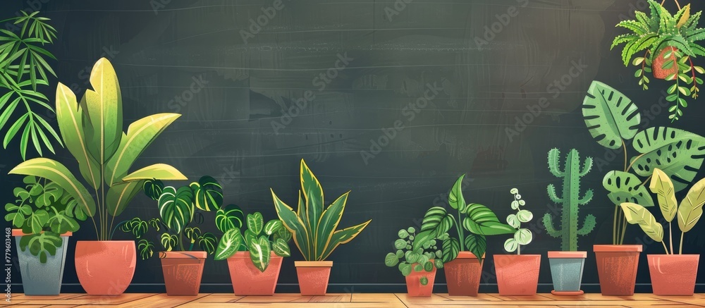 Poster a row of houseplants in flowerpots is displayed on a wooden table in front of a blackboard, creating