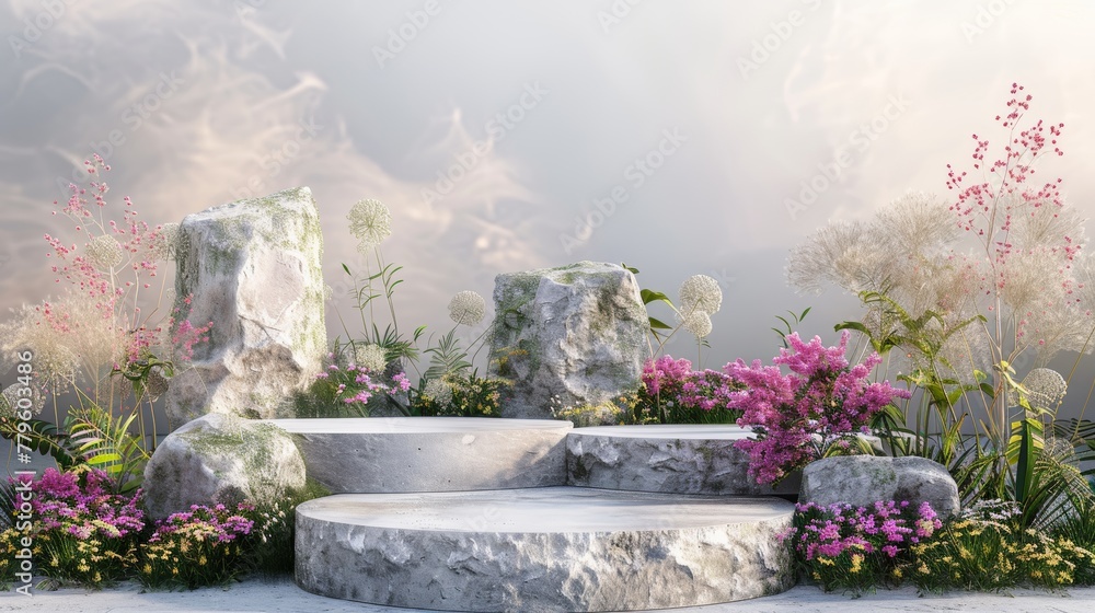 Poster the natural beauty of this podium backdrop is enhanced by the stone and flowers on the grass.3d rend