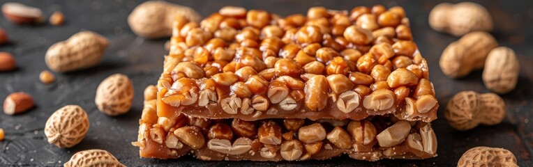 A detailed close-up view of a piece of food consisting of caramel with peanuts placed on a table