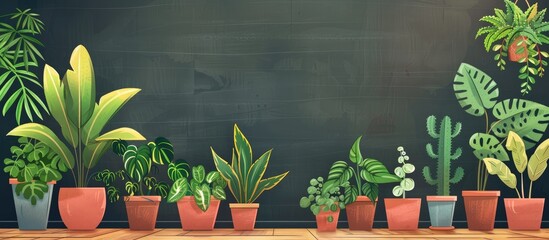 A row of houseplants in flowerpots is displayed on a wooden table in front of a blackboard, creating a charming landscape for the event - obrazy, fototapety, plakaty