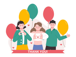 Thank you concept. Happy young adults giving thanks. Cartoon people and gratitude, balloons, hearts and ribbon, vector scene