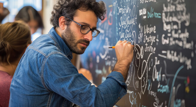 A man in glasses is writing complex equations on the blackboard, trying to figure out an advanced math problem