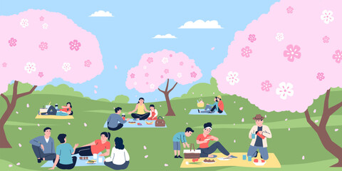Picnic in city park. Spring time family recreation. People groups eating and drinking under pink floral trees. Outdoor recreation recent vector scene
