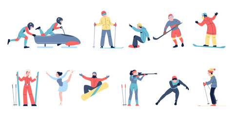 Winter sport characters. Seasonal athletic women and men skiing, snowboarding, play hockey and skating. Outdoor activities recent vector set