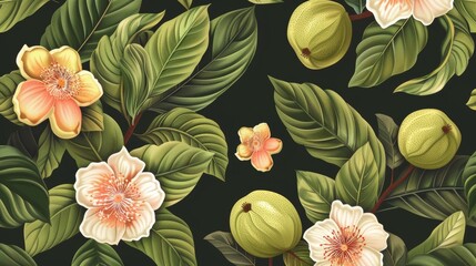 A lush, seamless pattern of guava with flowers and leaves, rendered in AI for a classic botanical illustration look