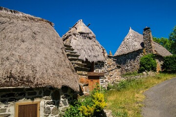 Scenic view of houses with thatched roofs of Bigorre in Upper Loire in France on a sunny day
