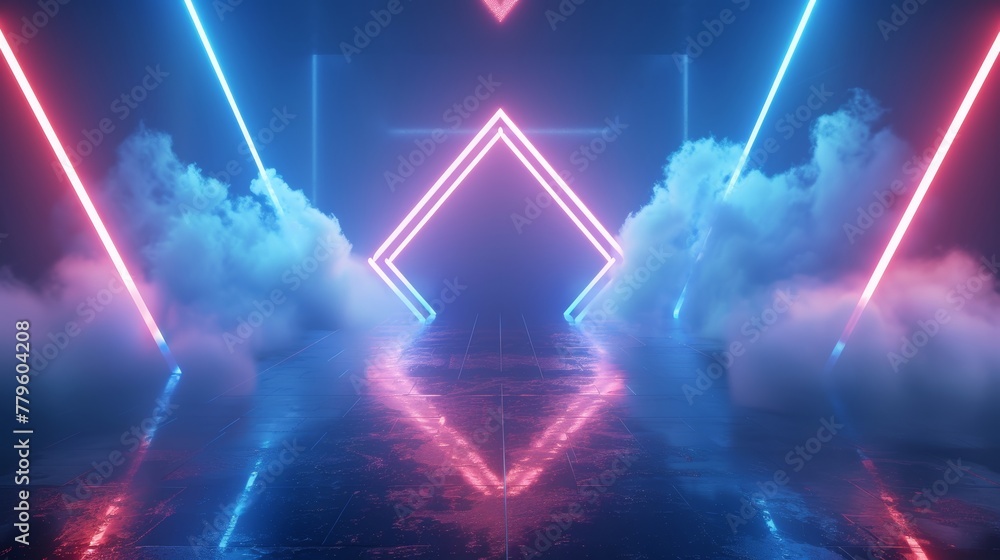 Aufkleber Empty futuristic stage with glowing neon rhombus shape and a cloud in 3D.