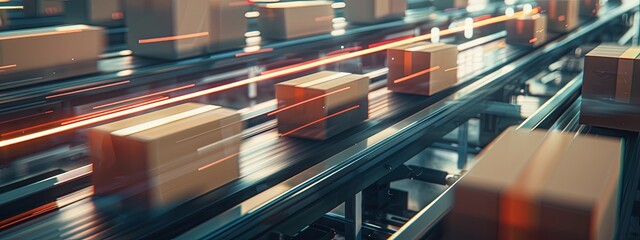 Futuristic online technology concept of cardboard boxes on a conveyor belt in a warehouse with data visualization, high speed, and a motion blur background