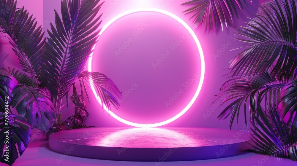 Poster Stunning beauty fashion podium backdrop with neon lights and tropical palm leaves. 3d rendering.