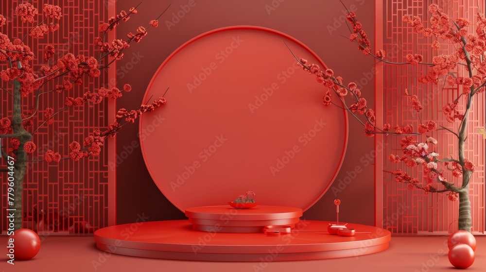 Poster A Chinese background with a podium for displaying products in 3D.