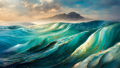 Abstract wave ocean fluid art with splattered paint drops, ocean vibes on digital art concept, Generative AI.