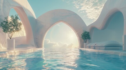 Obraz na płótnie Canvas Geometric heart shapes, arch with swimming pool in natural day light. 3D landscape background with minimal geometric forms.