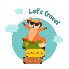 Animal travel poster. Red fox in hat and sunglasses sitting on suitcases pile. Touristic concept, wild outdoor adventures. Classy vector t-shirt print