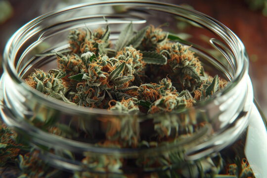 Close up of a transparent jar with dried marijuana or hemp
