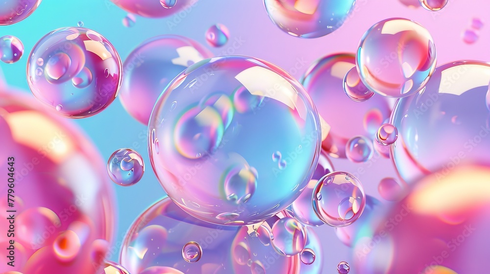 Poster 3d art background with holographic liquid blobs, soap bubbles, and metaballs.