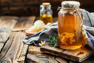 Organic kombucha tea in a clear jar, with herbs and honey, rustic wooden background, homemade probiotic concept. Artisanal Kombucha Brew with Natural Ingredients - obrazy, fototapety, plakaty