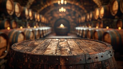 Vintage wooden barrel in winery cellar - obrazy, fototapety, plakaty