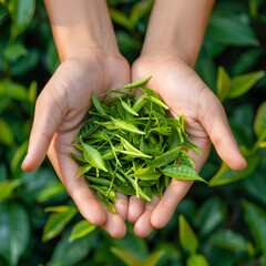hands holding tender lots of young tea leaf shoots - 779605005