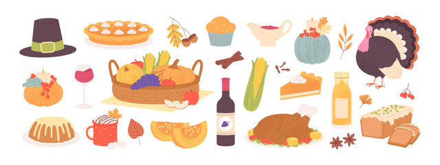 Thanksgiving day clipart. Food and drinks, symbol of festive, cartoon turkey. Autumn harvest festival, pumpkin spice season. Racy vector collection
