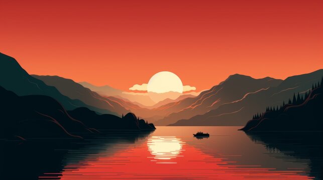 Tranquil and serene lake scenery under a captivating red or pink moon in the night sky