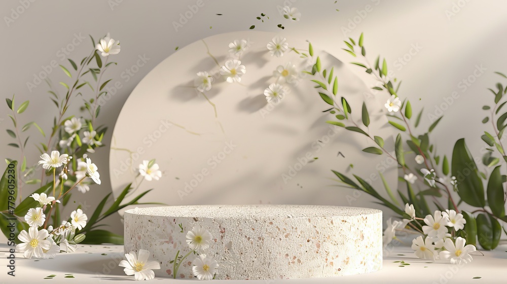 Aufkleber The background of a beauty fashion podium features a geometric shape and a spring flower. The texture is Terrazzo. 3D rendering of the scene.