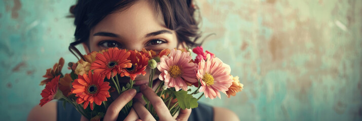 Charming woman standing and holding a bunch of colorful flowers in front of her face